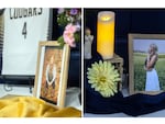 Pictures of Rachel McCarty next to her Echo Cougars basketball jersey, left, and Katelyn Heideman aside an Angel Love figurine.