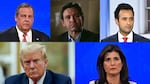 Clockwise, from top left: former N.J. Gov. Chris Christie, Florida Gov. Ron DeSantis, Vivek Ramaswamy, former U.N. Ambassador Nikki Haley and former President Donald Trump.