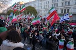 Protesters gather in London, Saturday, Feb. 28, 2026 after U.S. and Israeli forces carried out a series of strikes on Iran on Saturday morning.