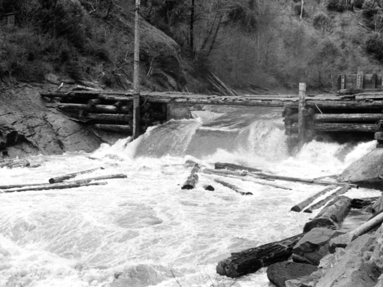Logs emerge from a splash dam to continue their floating journey to mills downstream.