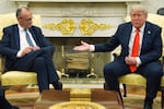 President Donald Trump, right, meets Germany's Chancellor Friedrich Merz in the Oval Office of the White House on Thursday.