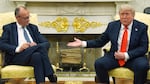 President Donald Trump, right, meets Germany's Chancellor Friedrich Merz in the Oval Office of the White House on Thursday.