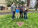 From l-r, Harrison Ross, Trenton Abraham, Michael Jones and Nolan Hannam are trying to start up a chapter of the fraternity Tau Kappa Epsilon at Southern Oregon University. The TKE plaque is from when a chapter of the frat existed at the university in the 60s and 70s.