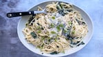 Creamy miso spaghetti with greens — fast, inexpensive and satisfying