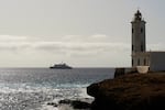 A view of the m/v Hondius Cruise ship anchored at a port in Praia, Cape Verde, Monday, May 4, 2026.