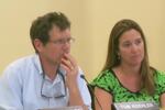 Chair of the Portland Public Schools Board of Directors, Tom Koehler, and Board Director Amy Kohnstamm listen as parents testify about boundary changes and program moves for west-side schools, April 19, 2016.