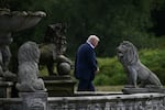 President Trump walks to board Marine One at Trump International Golf Links in Balmedie, Aberdeenshire, on Tuesday at the end of his trip to Scotland.
