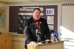 Joe Larson pushes back against a proposed budget during a press conference with the Oregon Education Association.