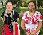 Two Native American women in side by side photos at an outdoor event recognizing missing and murdered Indigenous women and girls.