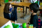 Oregon Gov. Kate Brown visits Scott Elementary School in Northeast Portland on  April 1, 2021. 
