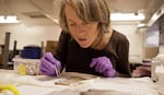 Jenifer McIntyre, WSU researcher, scrutinizes juvenile coho salmon that had been exposed to stormwater in this 2012 file photo.