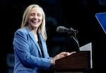 Virginia Democratic gubernatorial candidate Abigail Spanberger speaks during a campaign event with former President Barack Obama, Saturday, Nov. 1, 2025, in Norfolk, Va.