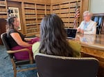 Oregon Gov. Tina Kotek responds to a question on Aug. 14, 2024, during an interview at the State Library of Oregon in Salem with Underscore Native News Managing Editor Karina Brown, right, and Nika Bartoo-Smith, reporter for Underscore and ICT.