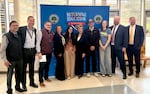 U.S. Education Secretary Linda McMahon, center, poses with Crook County students and staff on Monday, Apr. 20, 2026, in Prineville, Ore. McMahon visited career technical education programs, as well as reading classes, during her visit to three schools and Central Oregon Community College.