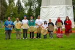 Drummers and signers of the PDX Walptaiksha group pose for their photos after sharing songs with those in attendance of the Water Ceremony on Sept. 8, 2024.