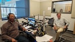 Jefferson Exchange host Mike Green and Chris Beck, candidate for Oregon's 2nd congressional district, are pictured in the JPR studio on Sept. 30, 2026.