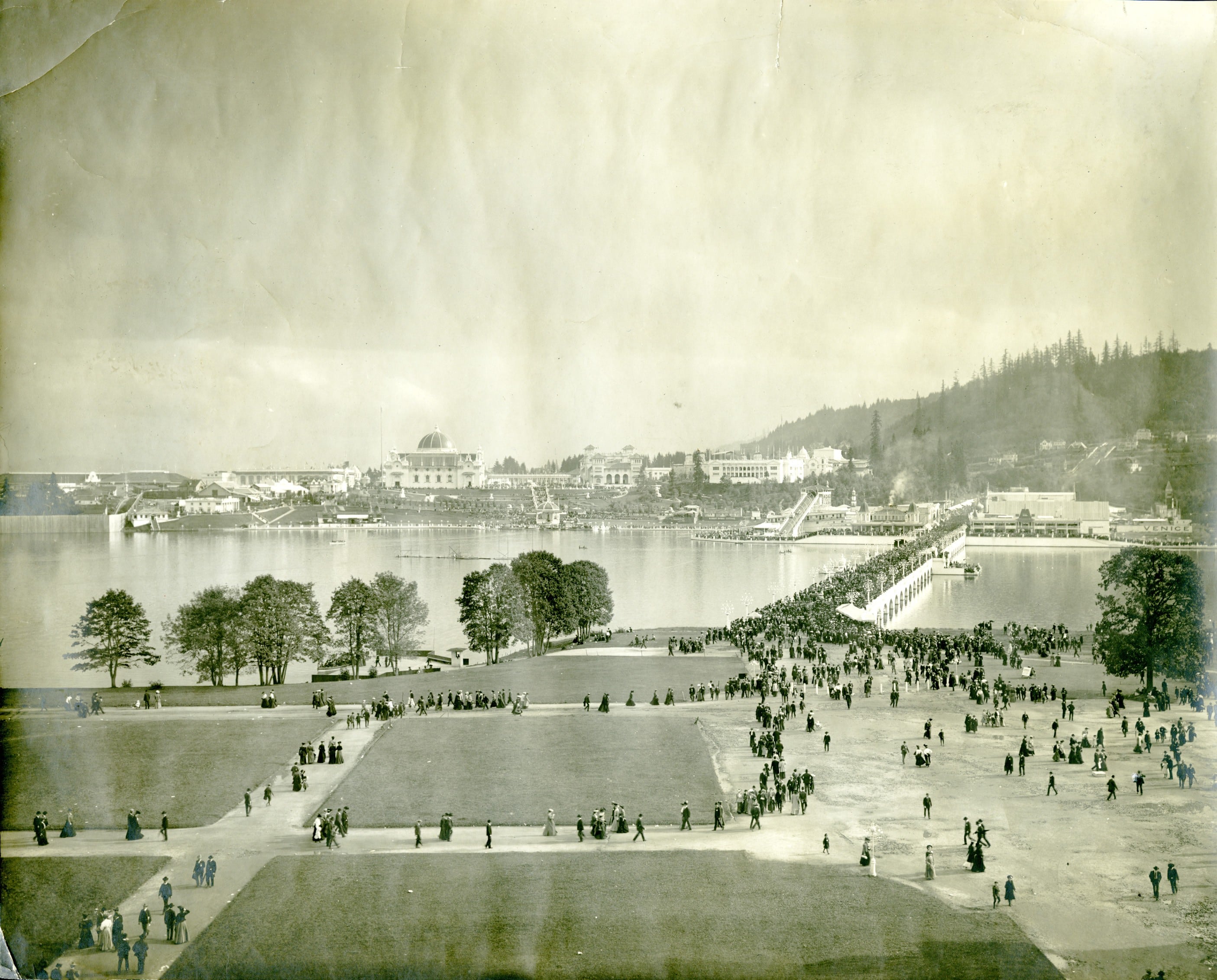 This image from 1905 shows the Lewis and Clark Exposition grounds from the U.S. Government Building.