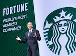 Starbucks CEO Howard Schultz speaks during the Starbucks annual meeting of shareholders in Seattle in 2017 amid happier times.