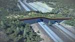 This undated artist's rendering from the Oregon Department of Transportation shows the design of an overpass crossing for wildlife spanning above four lanes of traffic on I-5, looking southwest. ODOT is expected to begin construction on the crossing  in 2028 in the Cascade-Siskiyou National Monument, less than two miles north of the California border.