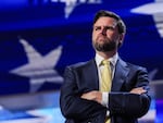 J.D. Vance, former President Donald Trump's vice presidential running mate, stands at a podium during a walkthrough for the 2024 Republican National Convention at the Fiserv Forum in Milkwaukee this week.