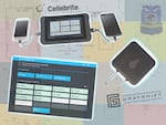 Photo illustration: Images of Cellebrite's software and hardware and Grayshift's Graykey hardware.