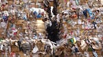 Bales of recycling get wet outside Rogue Waste Systems in White City, Ore.