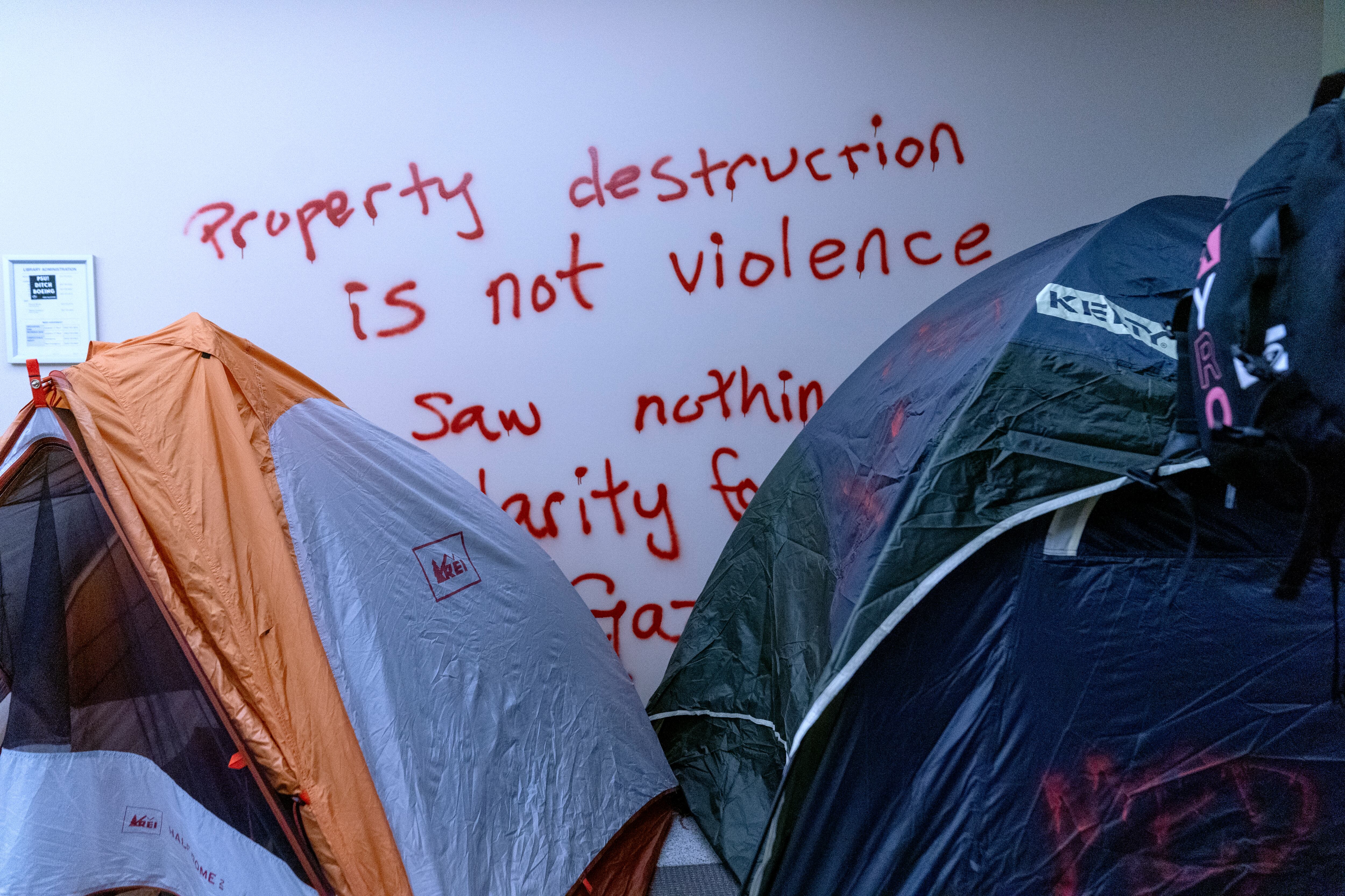 Tents inside the occupied Branford Price Millar Library at Portland State University.