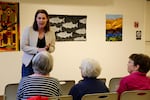 Democrat Carolyn Long speaks at a town hall in Stevenson, Washington. Long is hoping to unseat incumbent Rep. Jaime Herrera Beutler.