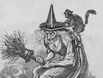 An undated engraving showing a witch and a cat on a broom, from the middle of the 15th century.