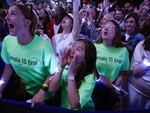 Supporters cheer as Democratic presidential nominee Vice President Kamala Harris speaks at the Fiserv Forum during a campaign rally in Milwaukee, Tuesday, Aug. 20, 2024. (AP Photo/Jacquelyn Martin)