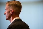 Mayor Ted Wheeler speaks at a press conference Aug. 30, 2020, in Portland, Ore. A man was shot and killed the previous night as a Trump car caravan rolled through downtown.