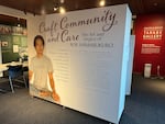 The introductory panel of the exhibit “Craft, Community and Care” is displayed at the Japanese American Museum of Oregon in Portland, Ore., when the exhibit is still being installed on Feb. 7, 2024.