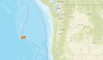 A map showing the cluster of earthquakes as orange dots hundreds of miles off the Oregon Coast