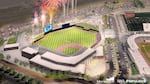 This 2023 rendering by design-team Mortenson, SRG and Populous, shows plans for a new Hillsboro Hops stadium, which the team says it needs to stay in their current location.