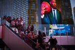 People ride an escalator along the Las Vegas Strip, Saturday, April 24, 2021, in Las Vegas. Las Vegas is bouncing back to pre-coronavirus pandemic levels, with increases in airport passengers and tourism.