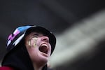 A Central Catholic fan shouts during the Oregon 6A football championship at Hillsboro Stadium in Hillsboro, Ore., Saturday, Dec. 7, 2019. Central Catholic defeated Lake Oswego 49-28.