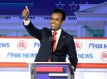 Businessman Vivek Ramaswamy reacts after a Republican presidential primary debate hosted by FOX News Channel Wednesday in Milwaukee.