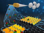 Individual silk protein molecules, or “silk fibroins” (blue), are deposited on a graphene surface surrounded by water (green and red spheres). This precise layering of silk fibers could lead to numerous biodegradable electronic devices.