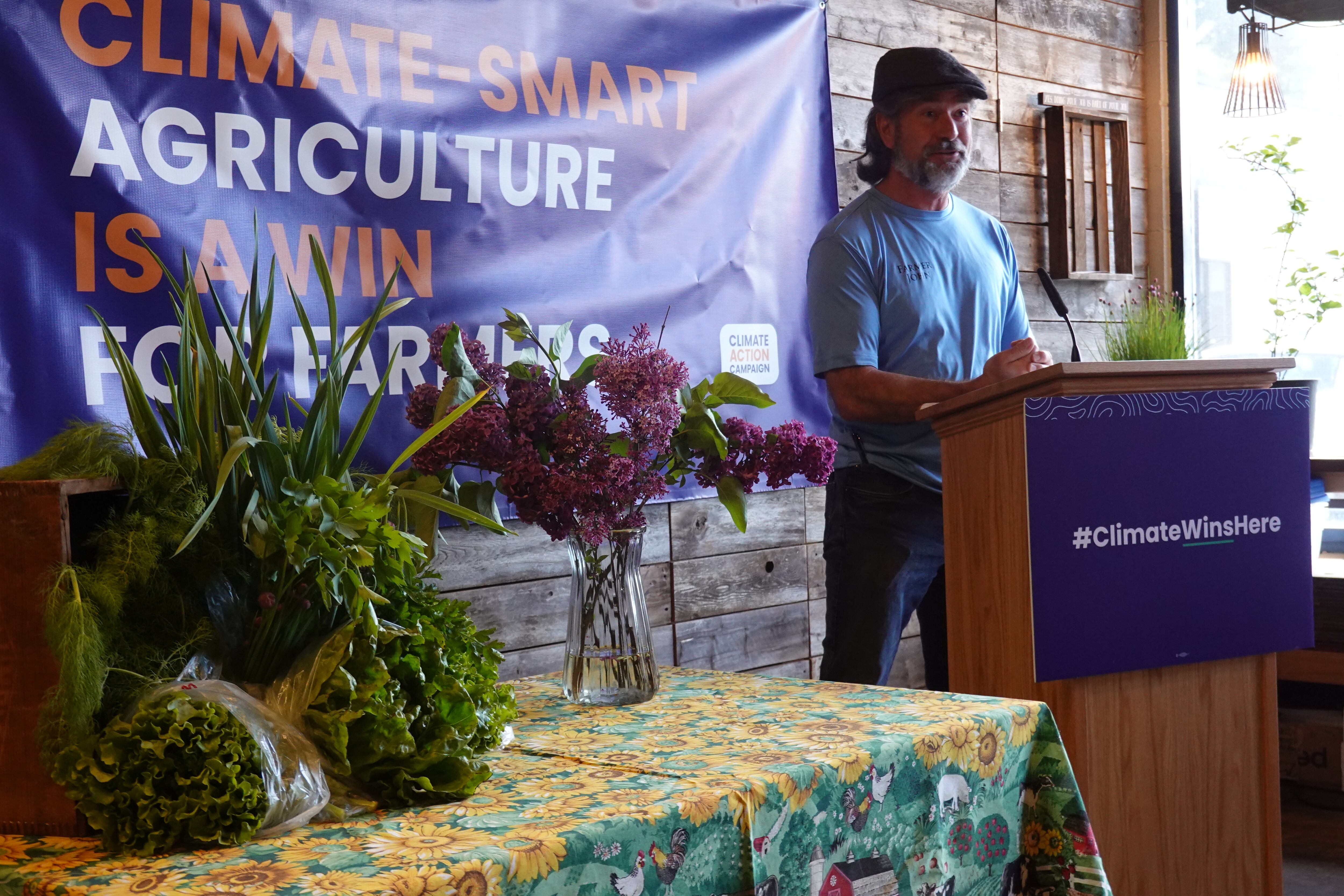 John Spencer, who runs Get To-Gather Farm, at a press event where a group of Southwest Washington farmers called on federal legislators to keep conservation and climate resilience funds in the farm bill.