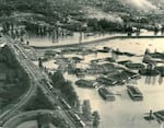 Houses pile up along Denver Ave carried by the waters of the Vanport flood.