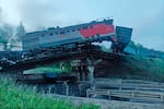 This photo released by Acting Governor of the Kursk Region Alexander Khinshtein telegram channel on Sunday, June 1, 2025, shows a view of a damaged bridge after the crash of a freight train in Russia's Kursk region, which borders Ukraine.