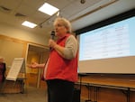 Eugene Opera Board Chair Barbara Wheatley presents revenues and liabilities during the first of two public meetings.