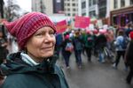 A woman pauses to take in the crowd during the Women's March on Portland on Saturday, Jan. 21, 2017.