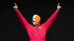 J. J. O Dochartaigh from the hip hop trio Kneecap performs during the Glastonbury Festival in Worthy Farm, Somerset, England, Saturday, June 28, 2025.