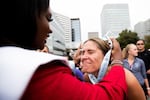 Sadie Pettigrew receives her half marathon medal at the finish line of the Portland Marathon on October 6, 2019.