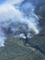 Aerial view of the Austin Fire in Mt. Hood National Forest on Aug. 23, 2026.