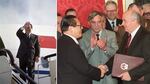 Left: General Secretary of the Chinese Communist Party Jiang Zemin waves before boarding his flight for Moscow, on May 15, 1991, in Beijing. Right: Zemin shakes hands with Soviet President Mikhail Gorbachev (R) on May 16, 1991, in Moscow.