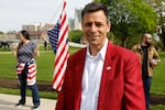 Ryan Kelly, Republication candidate for governor, attends a Freedom Rally in support of First Amendment rights and to protest against Gov. Gretchen Whitmer, outside the Michigan State Capitol in Lansing, Mich.