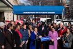 Lawmakers speak at a rally outside the Department of Veterans Affairs headquarters in Washington, DC. 