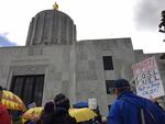 Supporters of legislation that would reduce carbon emissions in Oregon gathered for a rally outside the capitol in Salem Wednesday.